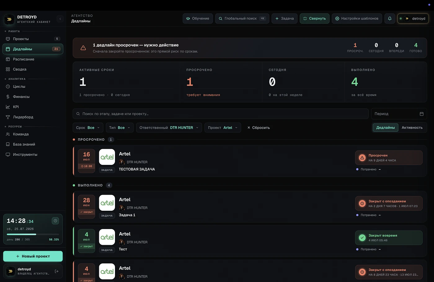 Дедлайны — экран платформы DETROYD